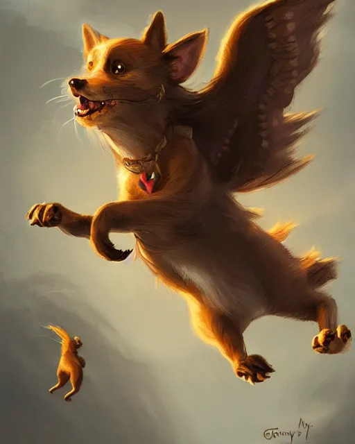 Image similar to a cute magical flying dog, fantasy art drawn by disney concept artists, golden colour, high quality, highly detailed, elegant, sharp focus, concept art, character concepts, digital painting, mystery, adventure