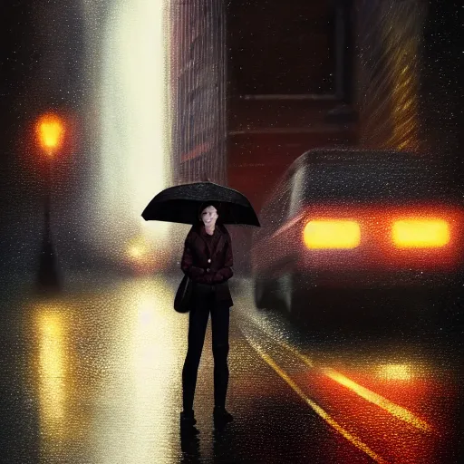 Prompt: detailed intricate digital illustration by greg rutkowski and artgerm and wlop and sanford robinson gifford and annie leibovitz ; girl standing in windy rainy city street, long exposure light streaks from car lights ; 1 3 mm film, cinestill 8 0 0 t, arri alfa anamorphic lens ; sharp focus ; trending on artstation 8 k close view