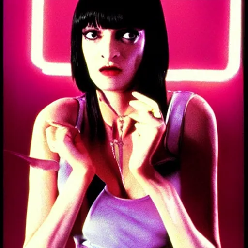 Prompt: uma thurman as mia wallace in pulp fiction, cyberpunk, awe inspiring, colourful