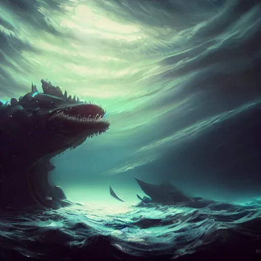 Prompt: Underwater Leviathan, bioluminescent, eerie, emotion, scenery, oil painting, Tooth Wu, Greg Rutkowski, RPG, dynamic lighting, fantasy art, high contrast, depth of field