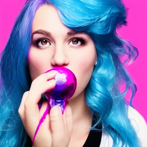 Prompt: girl with blue hair blowing a pink bubble. graphic design