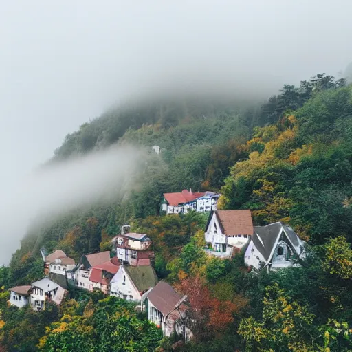 Prompt: village on a steep cliff side, wide angle, fog layer, foliage