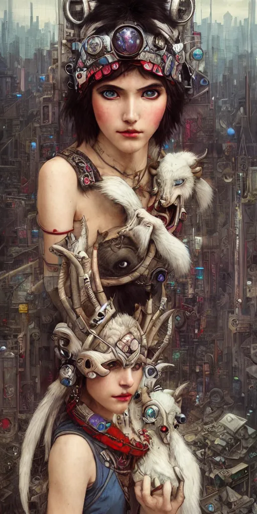 Image similar to hyper realistic Princess Mononoke with her mask, busy cyberpunk metropolis, city landscape, jewels, style of tom bagshaw, mucha, james gurney, norman rockwell, denoised, sharp