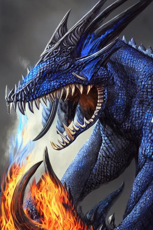 Prompt: a D&D character of a dark blue dragonborn with large tusks, only half of his face flaming with blue flame, he wears a black dragon scales armor, D&D art