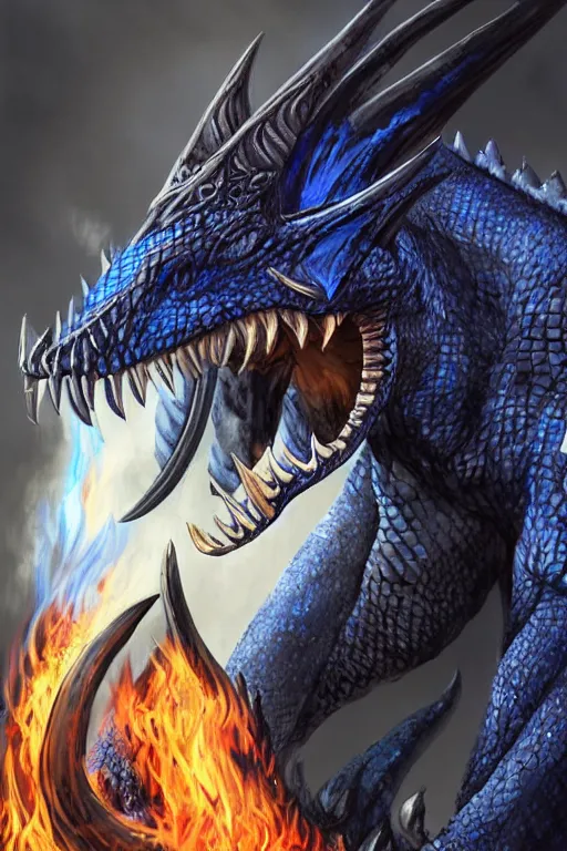 Image similar to a D&D character of a dark blue dragonborn with large tusks, only half of his face flaming with blue flame, he wears a black dragon scales armor, D&D art