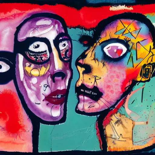 Image similar to watercolor painting of two bizarre psychedelic punk women kissing each other closeup in an airplane in japan, speculative evolution, mixed media collage by basquiat and jackson pollock, maximalist magazine collage art, sapphic art, lesbian art, chemically damaged