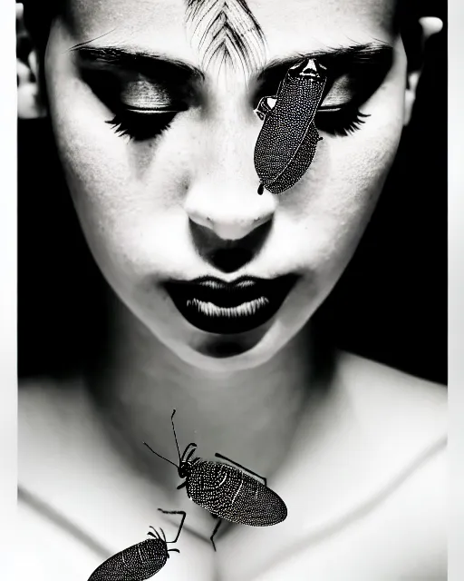 Image similar to black and white dreamy spiritual female water - insect - cyborg high quality portrait photo, microchip leaves, artificial intelligence, cinematic, rim light, photo - realistic, elegant, high detail, 8 k, masterpiece, high fashion, in the style of man ray