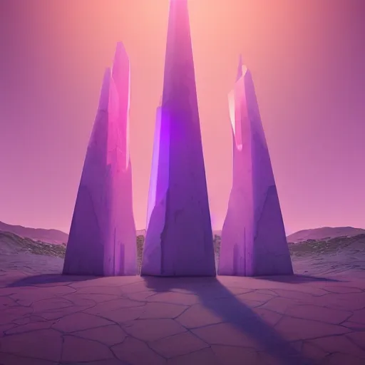 Prompt: a beautiful matte painting of colorful giant glowing crystal obelisks in serene landscape by beeple, featured on Artstation, digital art, rectilinear