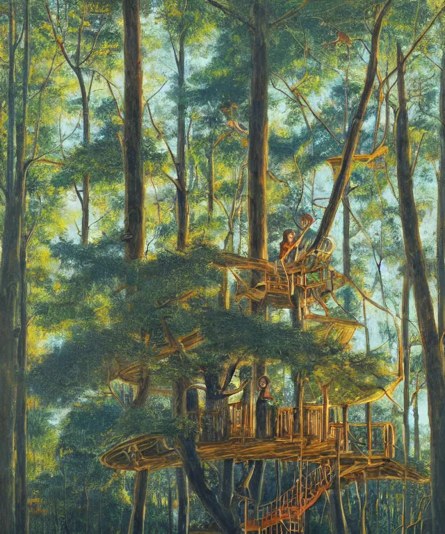 Image similar to masterful oil on canvas painting, eye - level view, shot from 5 0 feet distance, of a kid playing in a treehouse. in the background is a whimsical forest. golden hour, detailed, depth, volume, chiaroscuro, quiet intensity, vivid color palette.