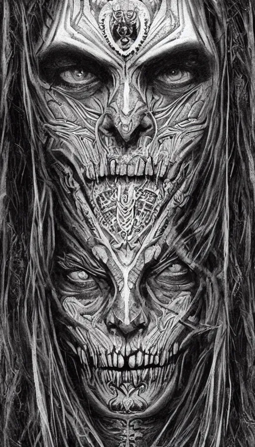 Image similar to immortal galactic emperor hybrid aztec fantasy beautiful angellic symmetrical human elven face skull mask tattoo pattern concept, teonanacatl glyph, intricate artwork by, Johnatan Wayshak, Zdizslaw Beksinski, face by Artgerm, H.R. Giger, very coherent artwork, cinematic, hyper realism, high detail, octane render, unreal engine, 8k, High contrast, higly detailed black ink outline, crosshatch sketch gradient