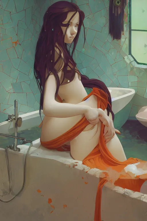 Image similar to a girl with long hair lying in a bathroom bath at afternoon, green and orange theme, s line, 4 5 angel by krenz cushart and mucha and makoto shinkai and greg rutkowski, 4 k resolution