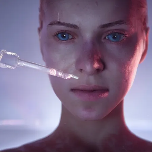 Image similar to a clone awaking from a test tube, opening her eyes for the first time, envisioning the dystopian world around her, illustrated by greg rutkowski, roger magrini, richard mortensen and leticia gillett, dramatic lighting, envious atmosphere, daz 3 d, unreal engine 5, cgsociety contest winner, 4 k