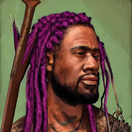 Image similar to a medieval hunter with african ethnicity and dreadlocks, plum color scheme, fantasy character portrait