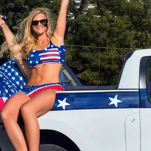 Image similar to photo of woman in the back of a pickup truck wearing bikinis drinking beer waving the american flag.