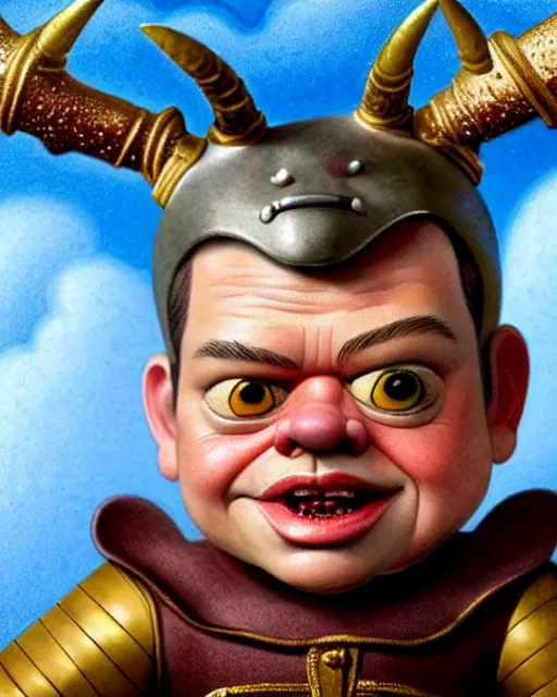 Prompt: highly detailed closeup, face profile portrait of a tin toy matt damon as a medieval demon with horns eating cakes in a castle, hyper realistic, artstation, illustration, nicoletta ceccoli, mark ryden, lostfish, dan decarlo, bob clampett, max fleischer, digital paint, matte paint, vivid colors, detailed and intricate environment