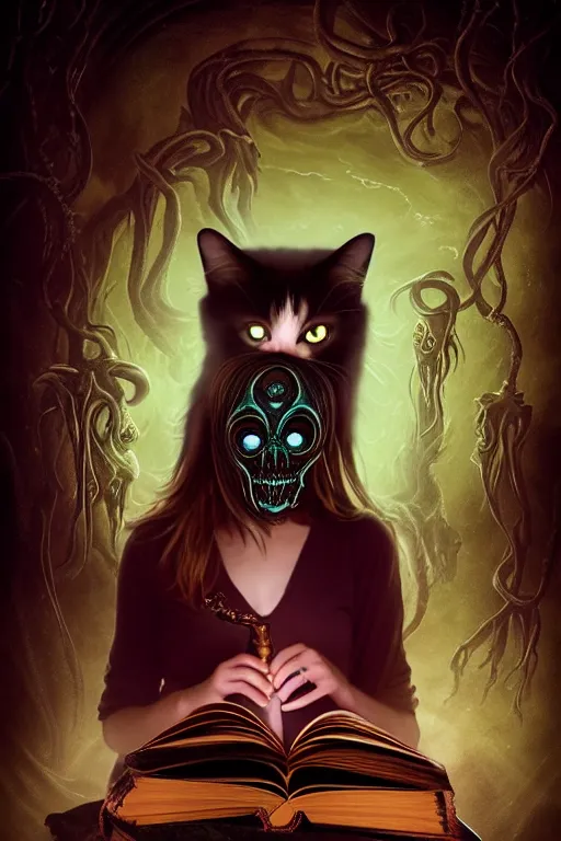 Image similar to romantic photo of bright girl, her cat and her book of necronomicon, symmetrical, cinematic, real dlsr photography, sharp focus, 4 k, ultra hd, sense of awe, sinister demonic atmosphere, dreadful, forbidden knowledge, old gods, cthulhu, yog - sothoth! yah, yah, yah! cultist journal cover