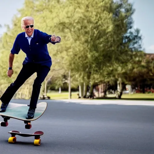 Image similar to joe biden riding a skateboard, realistic, hd