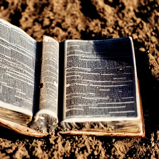 Prompt: a bible half buried and dusty in the ground, seen in a 7 0 mm macro lens