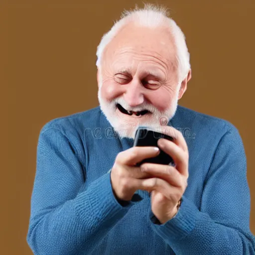 Image similar to hide the pain harold internet meme looking down and holding a phone in his hands, smiling, stock photo, professional lighting, detailed, artstation