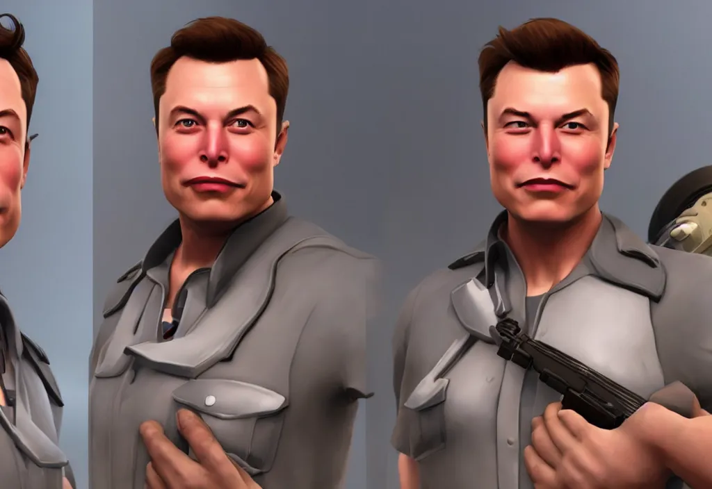 Image similar to elon musk in team fortress 2, elon musk in the video game team fortress, gameplay screenshot, close up, 3 d rendering. unreal engine. amazing likeness. very detailed.