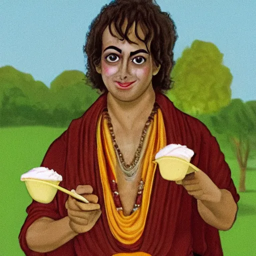 Prompt: hare krishna man with gently smiling eating ice cream, by Barry Lyndon