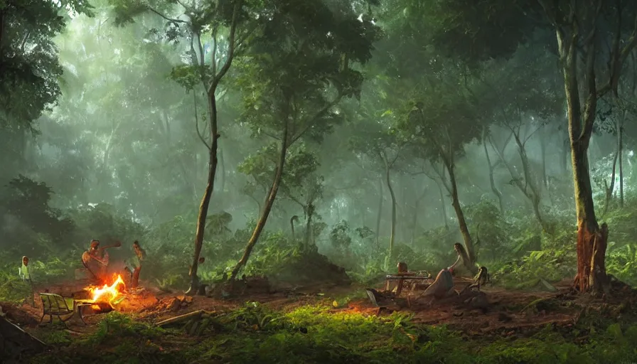 Image similar to a beautiful painting of an archaeological excavation of a smoking crashed ufo, in a lush jungle, ray traced lighting by kalin popov and greg rutkowski