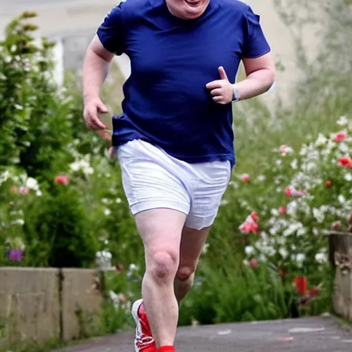 Image similar to Photo of Boris Johnson running, wearing a white t shirt and red shorts with a design of white flowers on them, sweaty