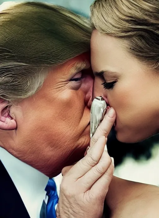 Prompt: beautiful romantic professional photo of two donald trumps kissing.