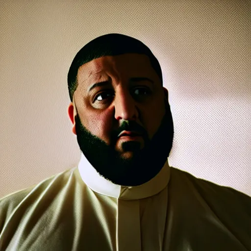 Image similar to a cinematic film still of DJ Khaled starring in The Shining, portrait, 40mm lens, shallow depth of field, close up, split lighting, cinematic