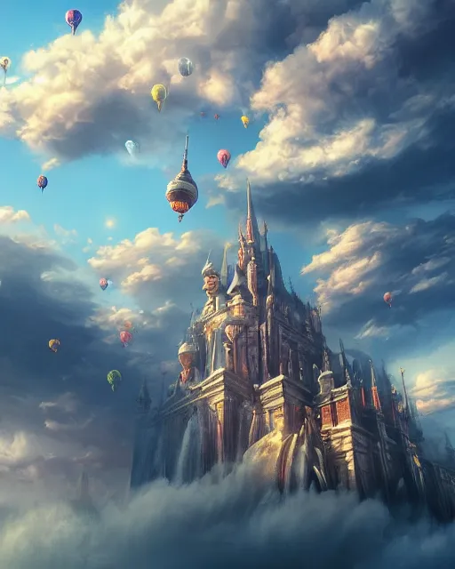 Image similar to flying cloud castle, buildings, baloons, atmosphere, glow, detailed, full of colour, cinematic lighting, trending on artstation, 4 k, hyperrealistic, extreme details, bright, blue sky, mountains, fantasy, masterpiece, art by wylie beckert