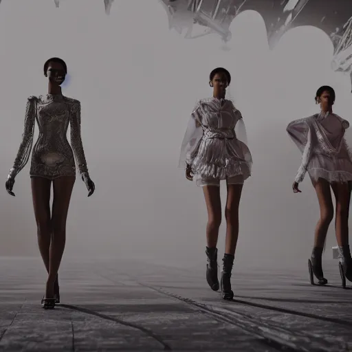 Image similar to Fashion Catwalk!! on a platform in an Angelic Floating City in the Clouds, Fashion Photography, Hyperrealistic, Intricate Details, Raytracing, Volumetric Lighting, Lightshafts, Smooth Gradients, Unreal Engine 5, Photorealism, Concept Art