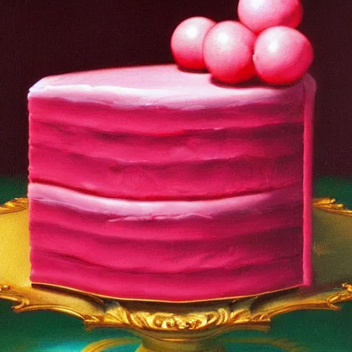 Prompt: pink baroque cake with cherry painting by greg hildebrandt light background