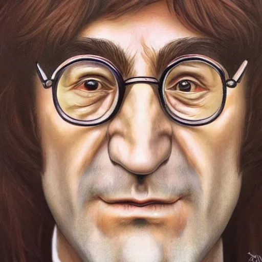 Prompt: Caricature portraits done of John Lennon, realistic, hyperrealistic, very realistic, highly detailed, very detailed, extremely detailed, detailed, oil painting, digital art, trending on artstation