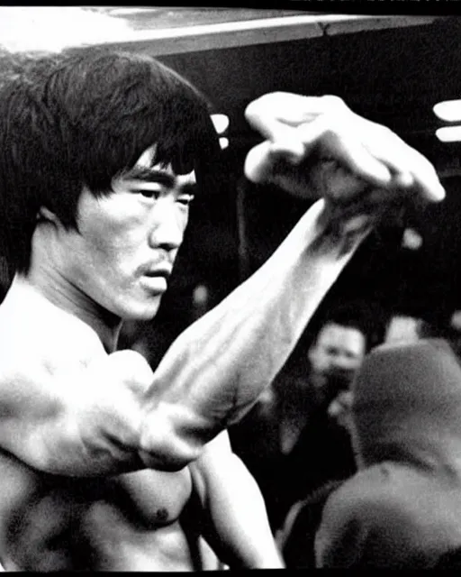 Image similar to bruce lee demonstrates using his nunchucks while riding a subway train