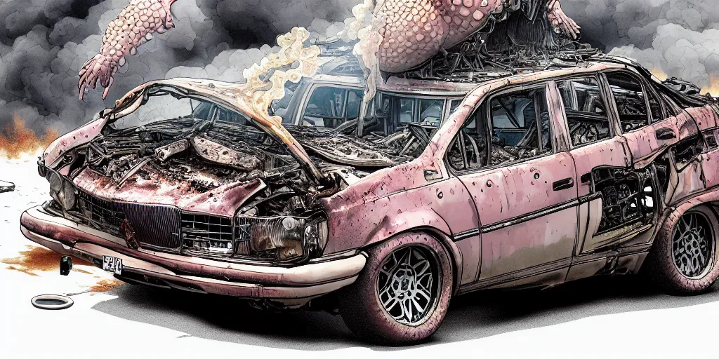 Image similar to a big woman axolotl in burning wrecked mercedes 1 2 4, by kirokaze, ultrafine hyperdetailed illustration by kim jung gi