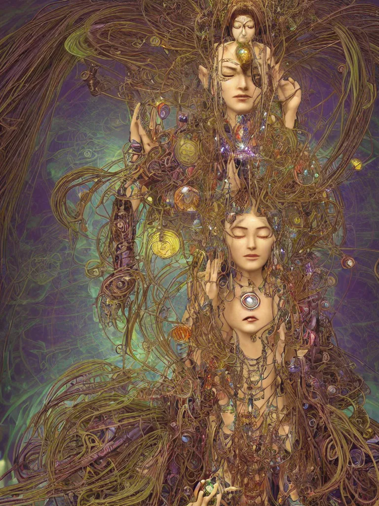 Image similar to an ancient mystical alluring female shaman generating flowing energy and surrounded by wisps of incense smoke sits meditating in a magical cybernetic robot temple , face face face, by android jones and brian froud and alphonse mucha, 3d, cinema 4d render