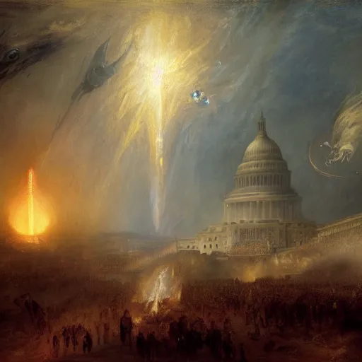 Image similar to highly detailed painting of alien androids attacking washington dc, by william turner, by greg rutkowski, by william constable, thick brush strokes and visible paint layers, 4 k resolution