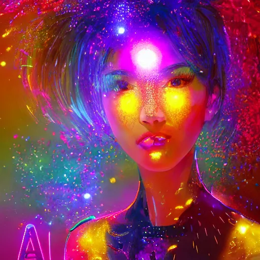 Image similar to AI looks in the mirror , colorful, bright, consciousness, sentience, Golden embers flying,vivid color.digital 2D, painterly style, cinematic matte Illustration,trending on pixiv and artstation.Fantastic depth-of-field effect in Bacnground,by Wlop,Mika Pikazo，Yoneyama Mai，Makoto Shinkai, VOFAN