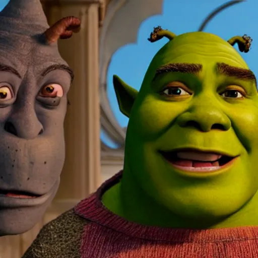Prompt: film still from live action shrek movie, 8k photography - H 768