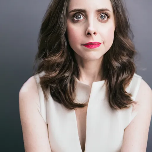 Image similar to Alison Brie in a business suit, film grain, EOS-1D, f/1.4, ISO 200, 1/160s, 8K, RAW, symmetrical balance, in-frame, Dolby Vision