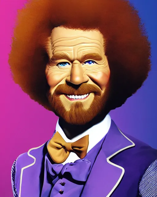 Prompt: Bob Ross as Willy Wonka, digital illustration portrait design, detailed, gorgeous lighting, dynamic portrait