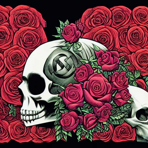 Prompt: ortographic view of a large skull and gothic roses by Jen Bartel and Dan Mumford and Satoshi Kon, gouache illustration