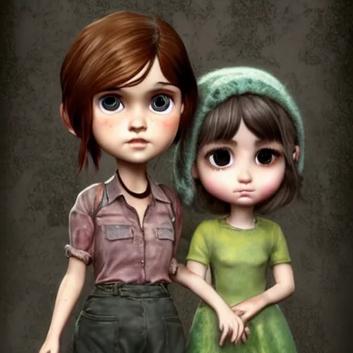 Prompt: Extremely cute and adorable 8k HD key visual of Ellie (The Last of Us) and Selena Gomez posing for the camera in an eerie haunted mansion in a creepy horror movie, official media, designed by Mark Ryden and artgerm and Margaret Keane. The art style is quite chibi, with large heads and big wide eyes. 3D render diorama Macro photography