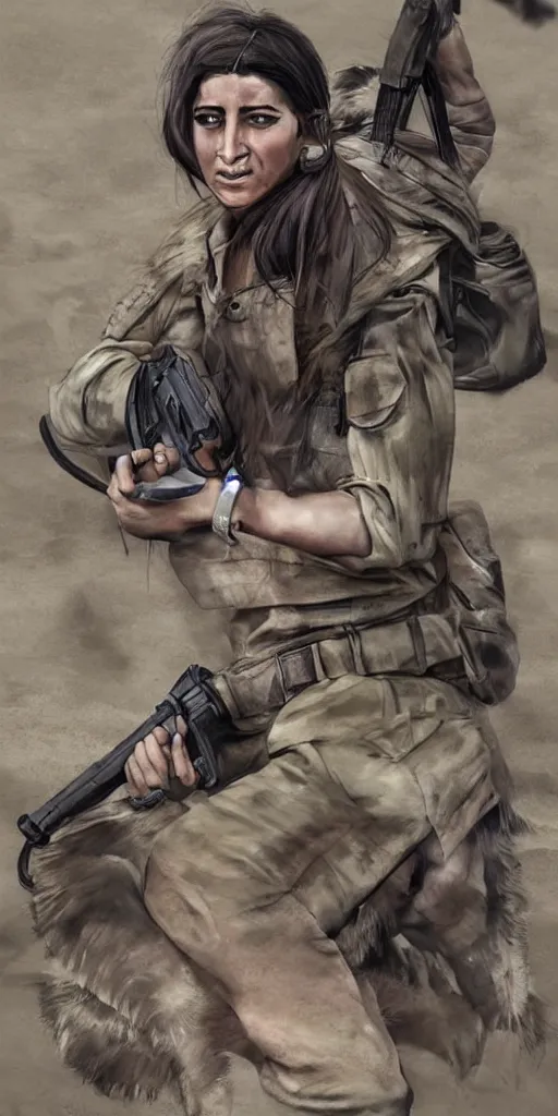 Image similar to A female peshmerga turning into a warewolf, by Sam Weber