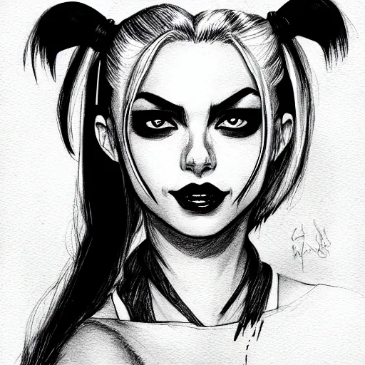 Image similar to harley quinn headshot portrait drawn in black and white watercolor, manga panel style, wlop, trending on artstation