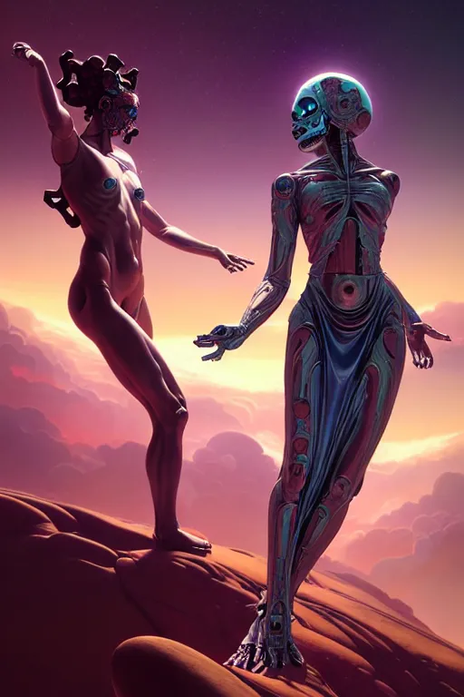 Prompt: the creation of adam, ultra detailed female android deity, scifi, octane render, ( dia de los muertos ), matte painting, asymmetrical, intricate concept art, triadic color scheme, art by artgerm and michelangelo and dzo and greg rutkowski and alphonse mucha and wlop