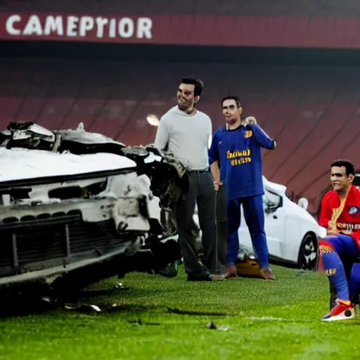 Image similar to xavi hernandez as a coach next to a crashed car, in camp nou