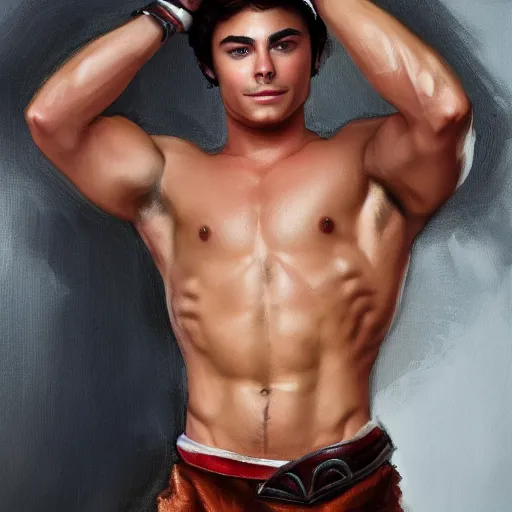 Prompt: a portrait of zach efron as a shirtless muscular knight, full body, oil painting, pale colors, high detail, 8 k, wide angle, trending on artstation,