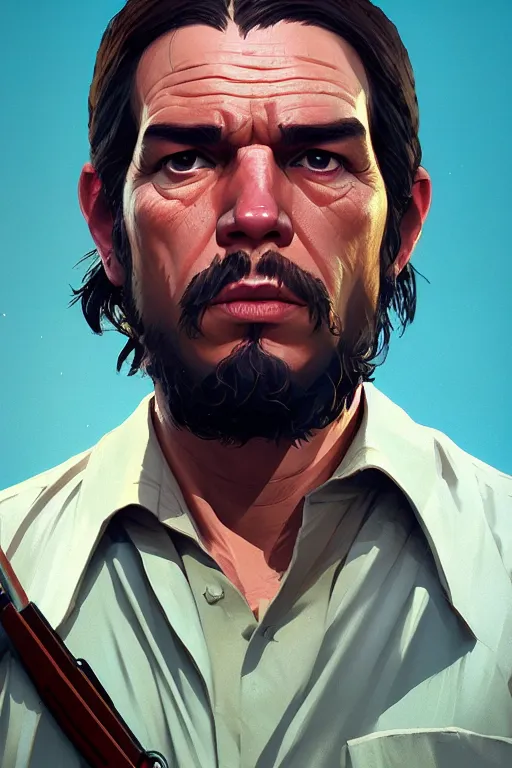 Image similar to highly detailed portrait che guevara in gta v, stephen bliss, unreal engine, fantasy art by greg rutkowski, loish, rhads, ferdinand knab, makoto shinkai and lois van baarle, ilya kuvshinov, rossdraws, tom bagshaw, global illumination, radiant light, detailed and intricate environment