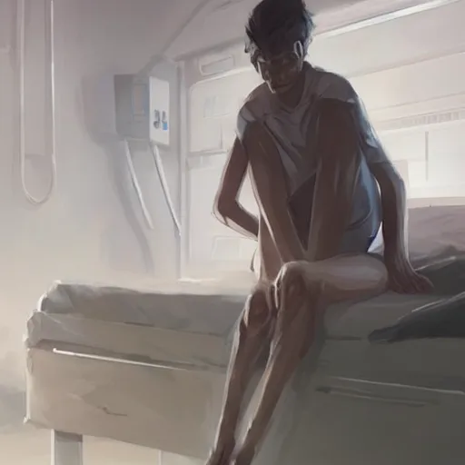 Prompt: concept art by greg rutkowski, very tall and slender young man waking up in a hospital bed, futuristic and high - tech setting but desolate and dimly lit, scifi, highly detailed portrait, digital painting, artstation, concept art, smooth, sharp foccus ilustration, artstation hq